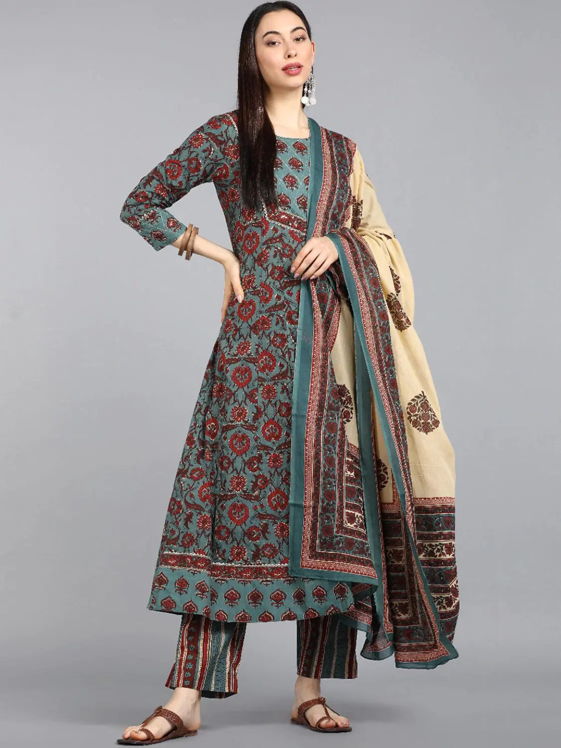 Ahika Cotton Printed Kurta Pant Dupatta Set-VKSKD1227E_L Chic Slim Fit Pants
