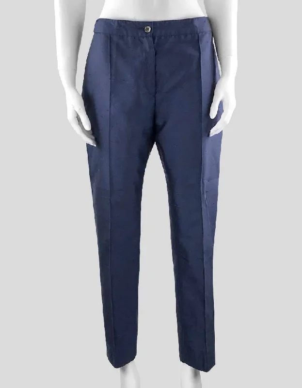 Michael Kors Navy Blue Flat Front Straight Leg High Rise Silk Shantung Pants - 12 US Stylish Paperbag Waist Pants