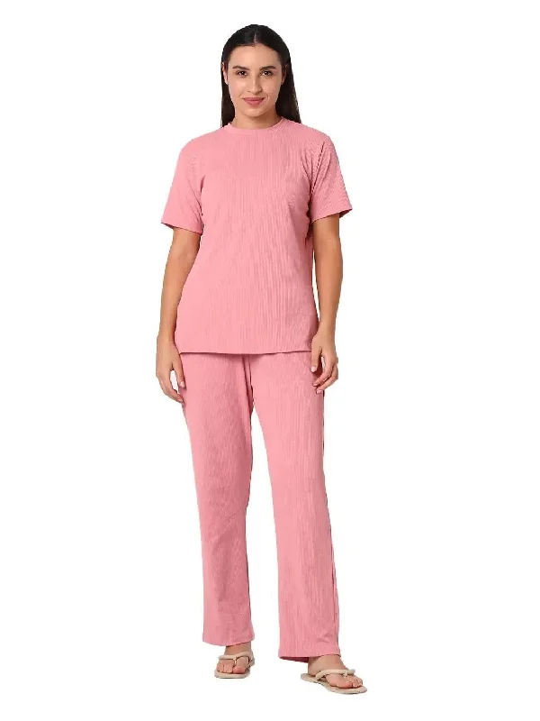 Smarty Pants Women's Cotton Rib Rose Gold Color Round Neck Night Suit Stylish Harem Pants