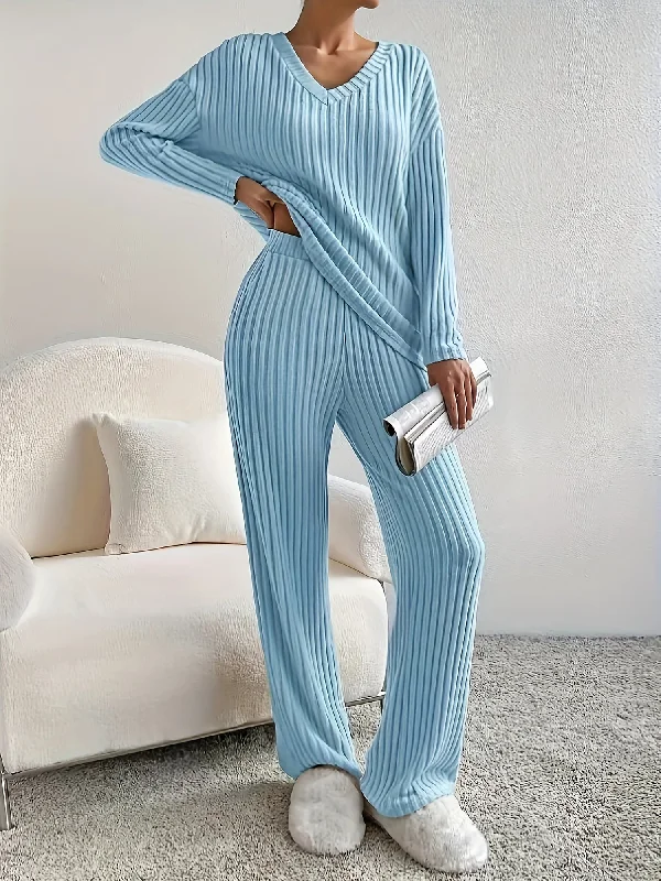 2 Pieces V Neck Long Sleeves Knit Tops & Straight Legs Pants Loungewear Set Comfortable Cargo Pants
