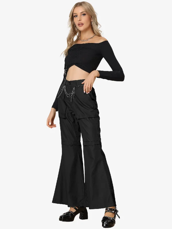 Bell Bottom High Waist Pockets Wide Leg Cargo Pants Trendy High-Waist Trousers