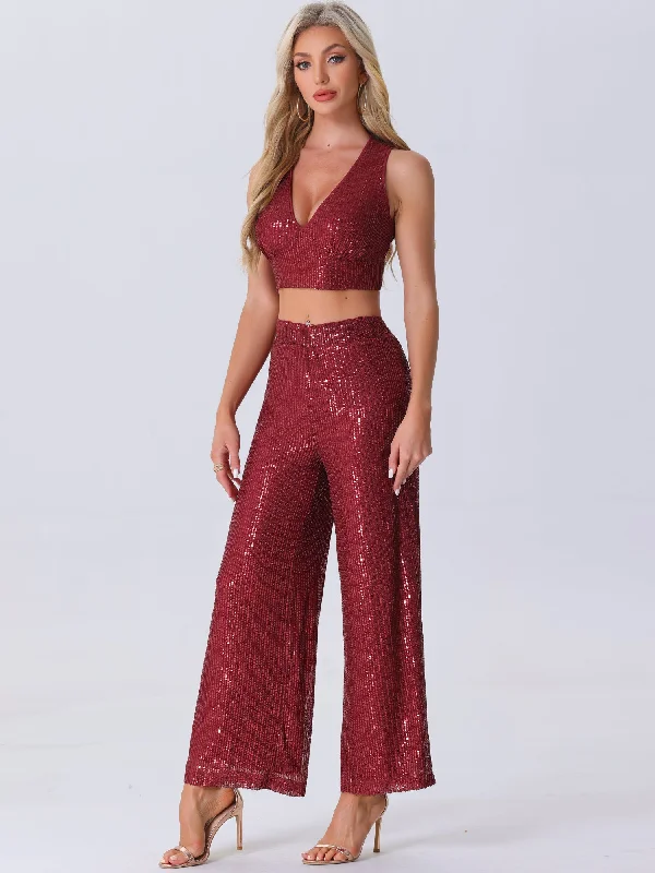 2 Pieces Sequin Sparkle Sleeveless Cropped Top & Wide Leg Pants Set Comfortable Jogger Trousers