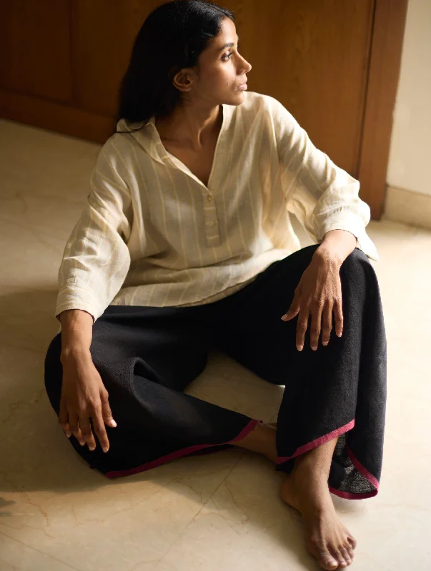 Kiku Striped Linen Top with Black Linen Pants Trendy Velvet Pants