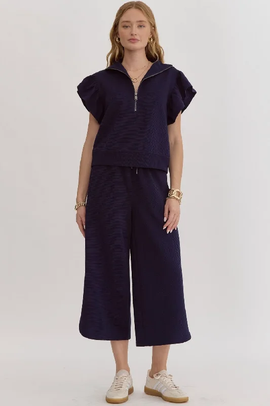 Textured Ruffle Sleeve Pants Set- Navy Formal Dress Pants