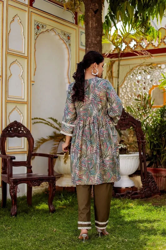 Vaasva Women Olive Green Muslin Floral Print Alia cut Kurta & Pant (Cord set) High-Waist Trousers