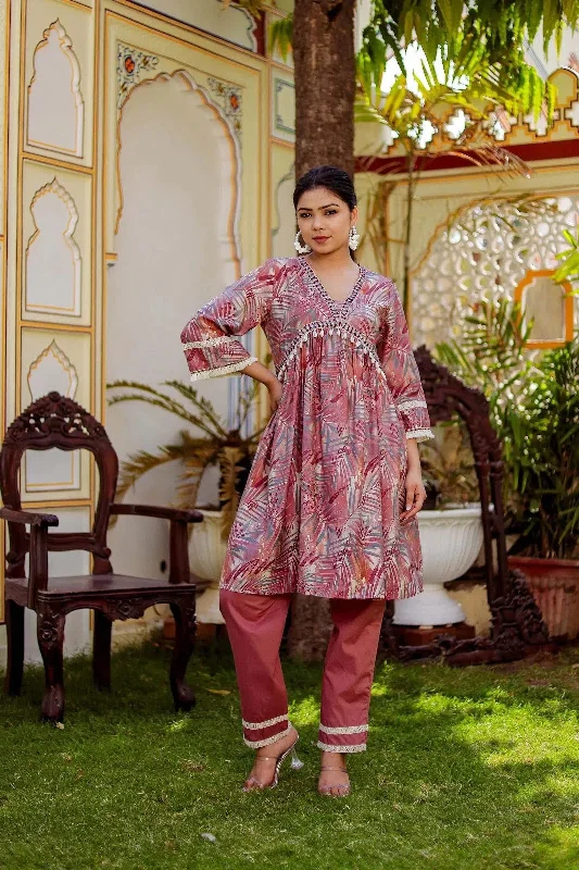 Vaasva Women Brown Muslin Floral Print Alia cut Kurta & Pant (Cord set) Modern Bootcut Pants