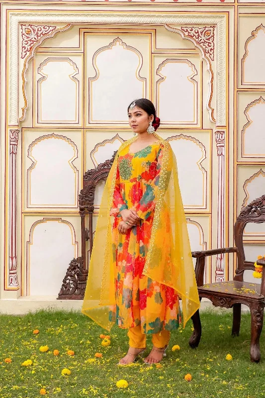 Vaasva Women Mustard Organza Multi Floral Print & Embroidered Anarkali Kurta, Pant & Dupatta set Casual Track Pants