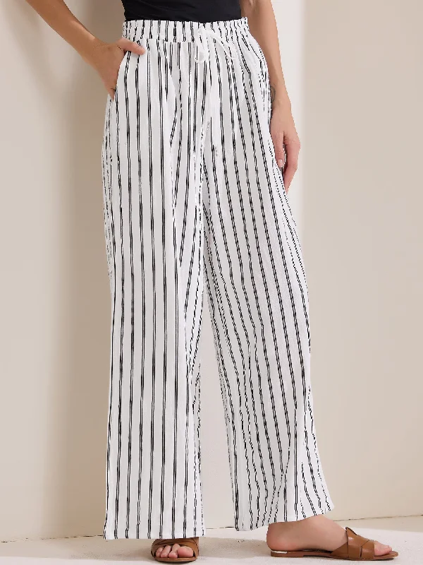 Casual Drawstring Striped Wide Leg High Waist Cotton Pants Cozy Jogger Leggings