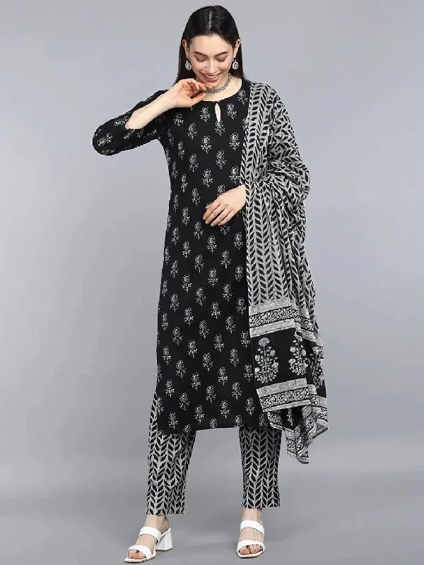 Ahika Women Black Cotton Printed Straight Kurta Pant Set-VKSKD1318_L Classic Flared Pants