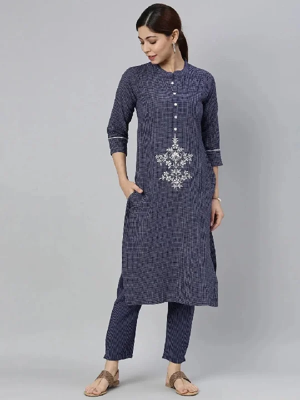 Ahika Women Blue Cotton Embroidered Straight Kurta Pant Set-VKSET1098_XXL Casual Lounge Pants