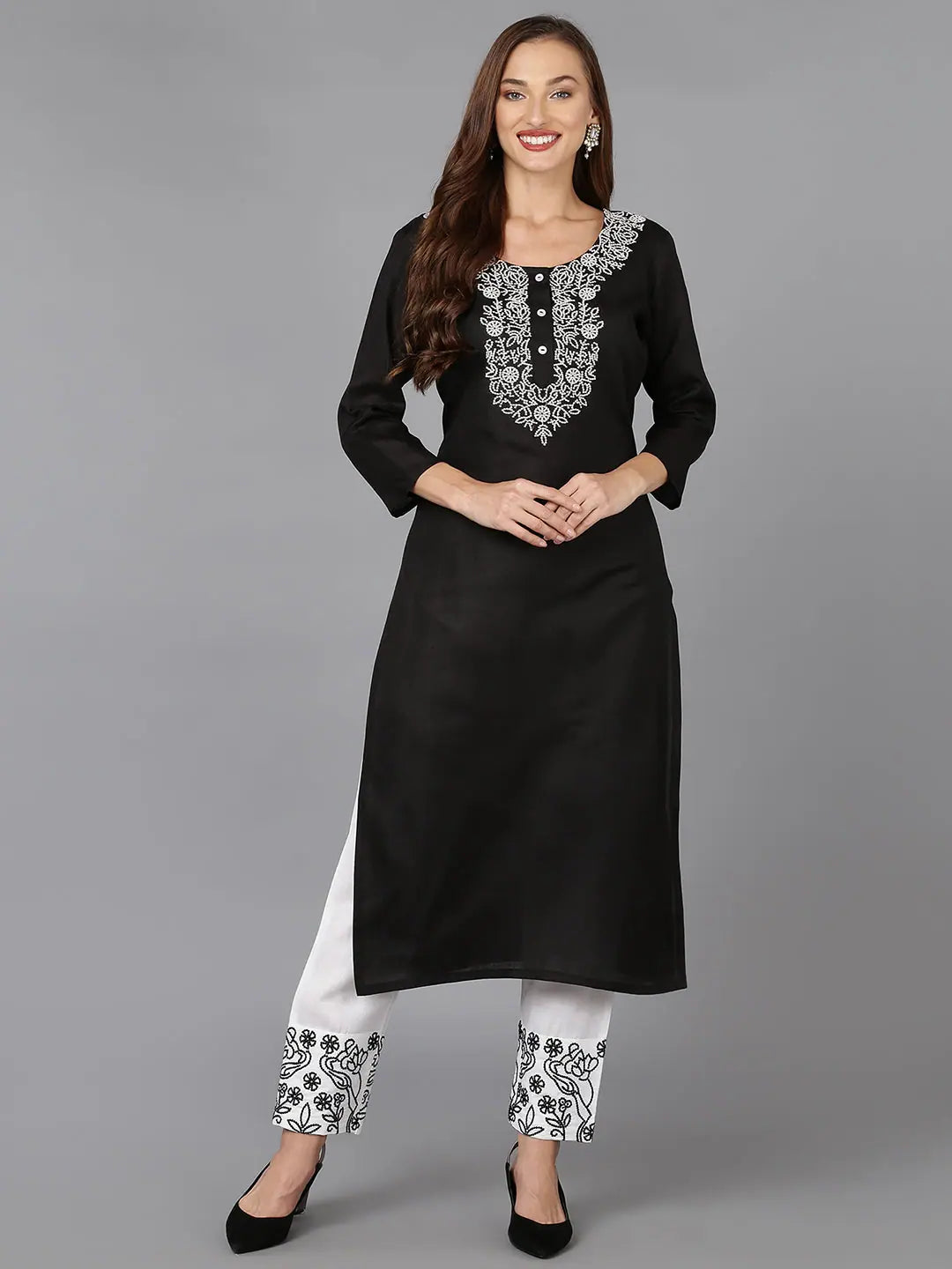 Black Cotton Blend Straight Kurta With Pant-VKSET1385_XS Lightweight Linen Pants