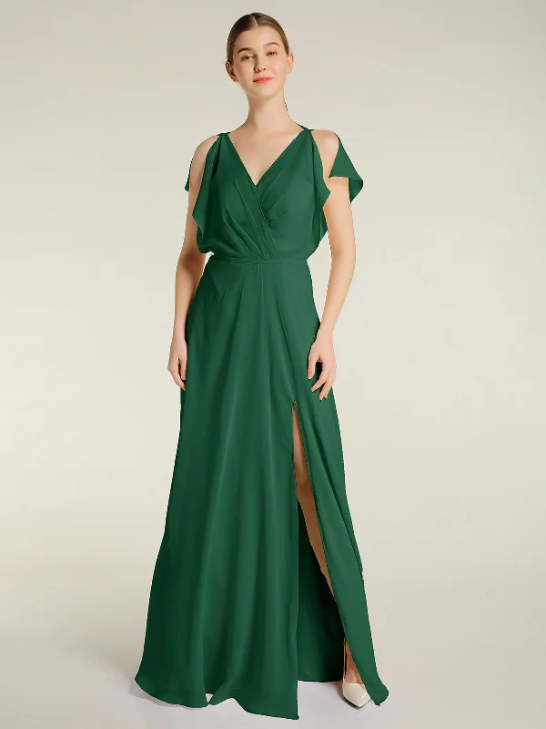 V Neckline Chiffon Maxi Dresses with Slit Dark Green Stylish Boho Chic Maxi Dress