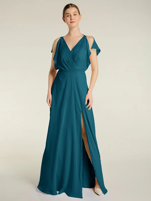 V Neckline Chiffon Maxi Dresses with Slit Ink Blue Fashionable High-Waist Maxi Dress