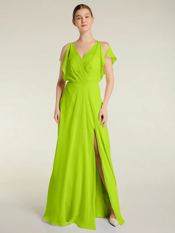 V Neckline Chiffon Maxi Dresses with Slit Lime Green Elegant Floral Maxi Dress