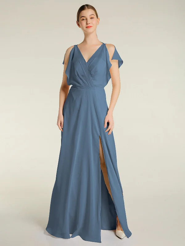 V Neckline Chiffon Maxi Dresses with Slit Slate Blue Elegant Lace Maxi Dress