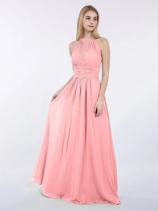 Halter Chiffon Maxi Dress of Bridesmaid Flamingo Trendy Fit-and-Flare Maxi Dress