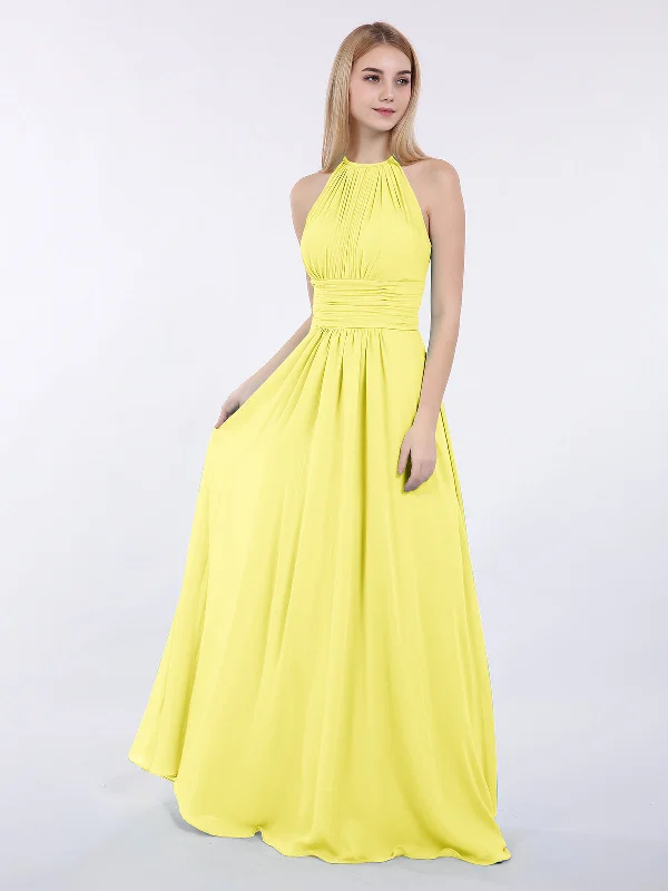 Halter Chiffon Maxi Dress of Bridesmaid Lemon Fashionable Asymmetrical Maxi Dress