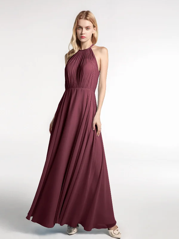 Halter Neck Chiffon Maxi Dress with Circle Skirt-Cabernet Classic Strapless Maxi Dress