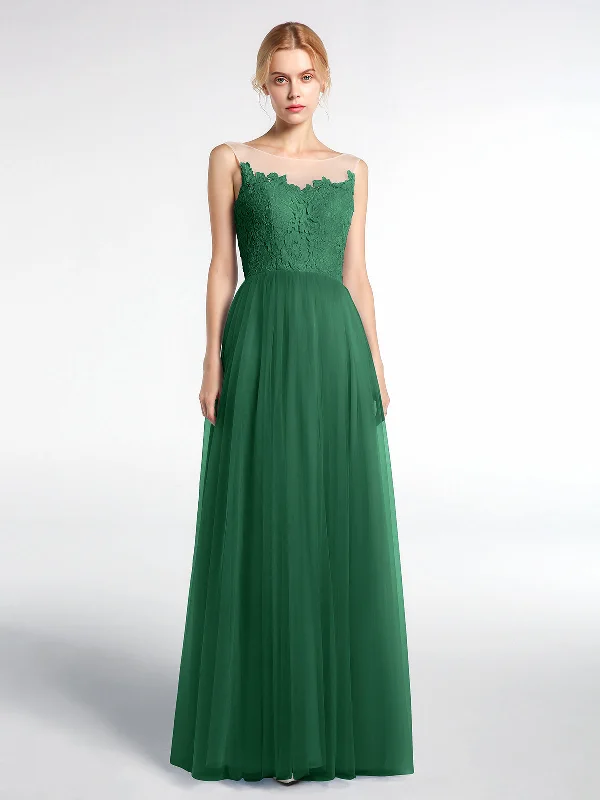 Illusion Neckline Lace and Tulle Maxi Dress-Dark Green Classic V-Neck Maxi Dress