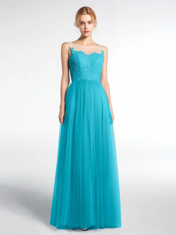 Illusion Neckline Lace and Tulle Maxi Dress-Jade Comfortable Cotton Maxi Dress