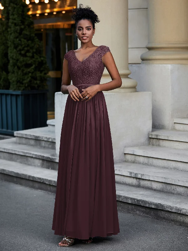 Lace and Chiffon Maxi Dress with Cap Sleeves-Cabernet Trendy Off-Shoulder Ruffle Maxi Dress