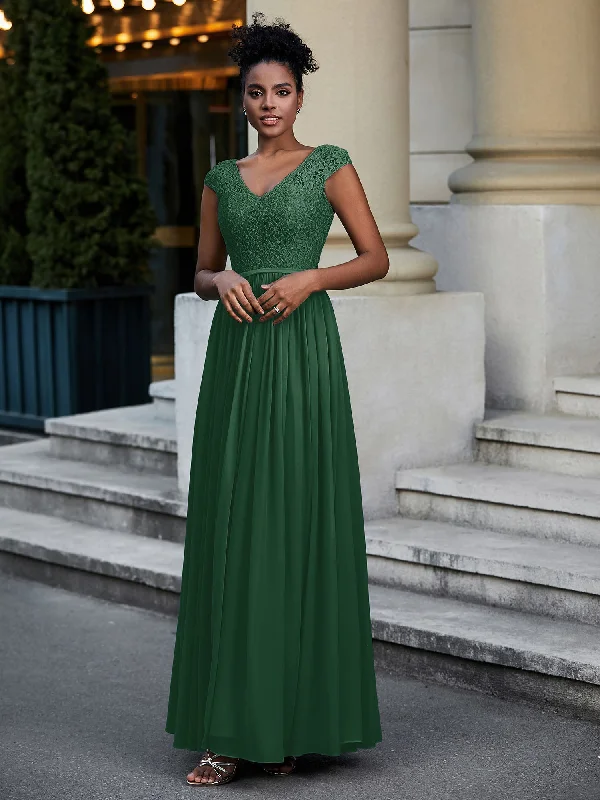 Lace and Chiffon Maxi Dress with Cap Sleeves-Dark Green Elegant Maxi Dress with Ruffles
