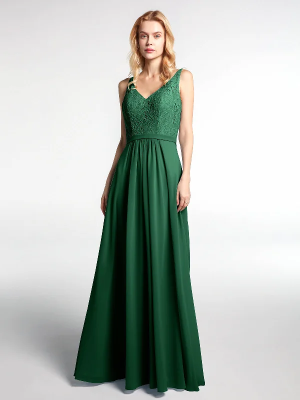 Lace Bodice Chiffon Skirt Maxi Dress with V-neck-Dark Green Stylish A-Line Maxi Dress