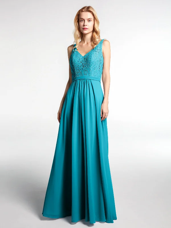 Lace Bodice Chiffon Skirt Maxi Dress with V-neck-Jade Stylish Button-Up Maxi Dress