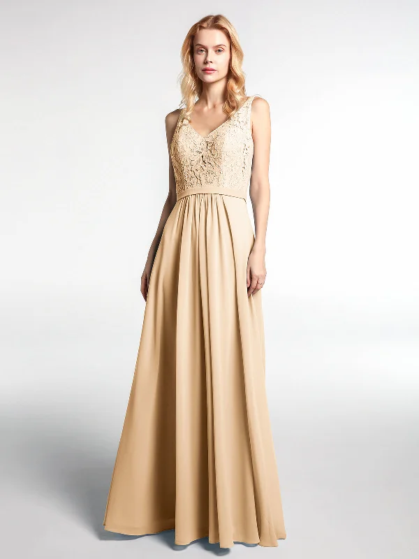 Lace Bodice Chiffon Skirt Maxi Dress with V-neck-Peach Stylish Empire Waist Maxi Dress