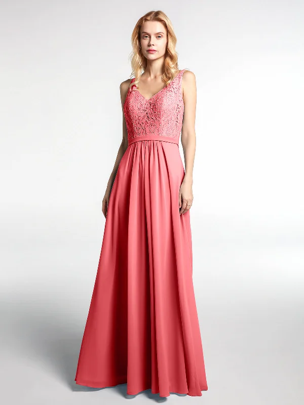 Lace Bodice Chiffon Skirt Maxi Dress with V-neck-Watermelon Stylish A-Line Maxi Dress