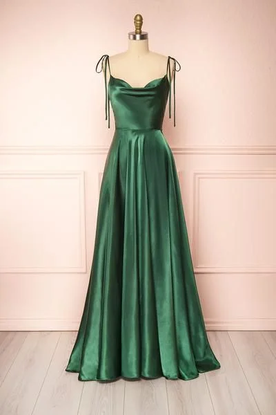 Green Straps A-Line Cowl Neck Satin Maxi Dress Bridesmaid Dress,DS4988 Fashionable Maxi Dress with Fringe