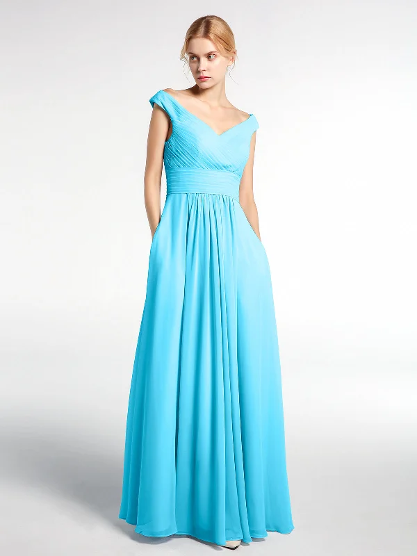 Off shoulder V-neck Maxi Dress with Pockets-Pool Elegant Maxi Dress with Ruffles