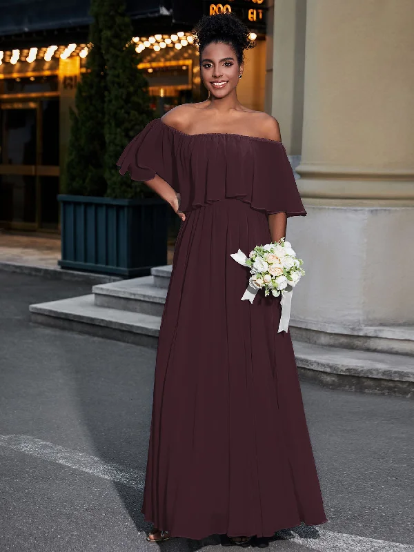 Off the Shoulder Ruffles Chiffon Maxi Dress-Cabernet Elegant Maxi Dress with Slit