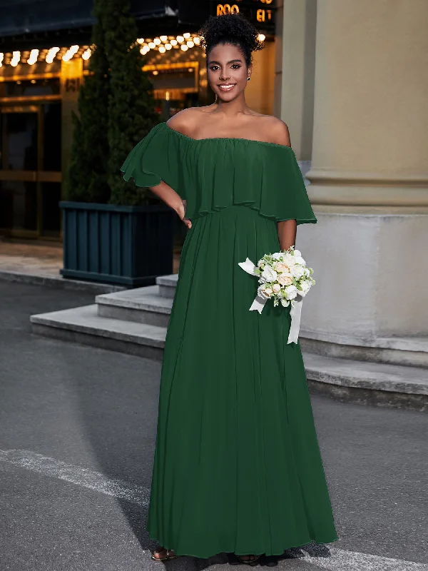 Off the Shoulder Ruffles Chiffon Maxi Dress-Dark Green Elegant Maxi Dress with Lace