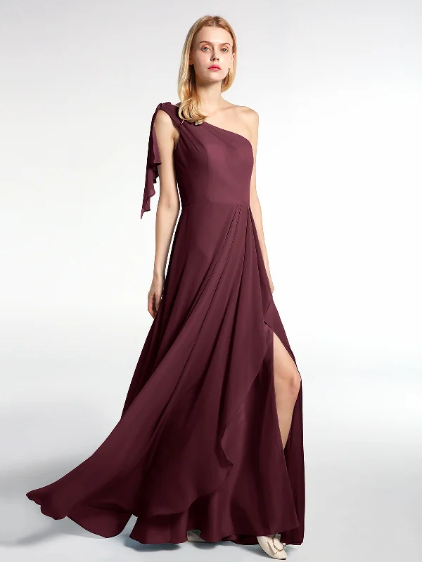 One Shoulder Chiffon Maxi Dress with Cascade-Cabernet Elegant Pleated Maxi Dress