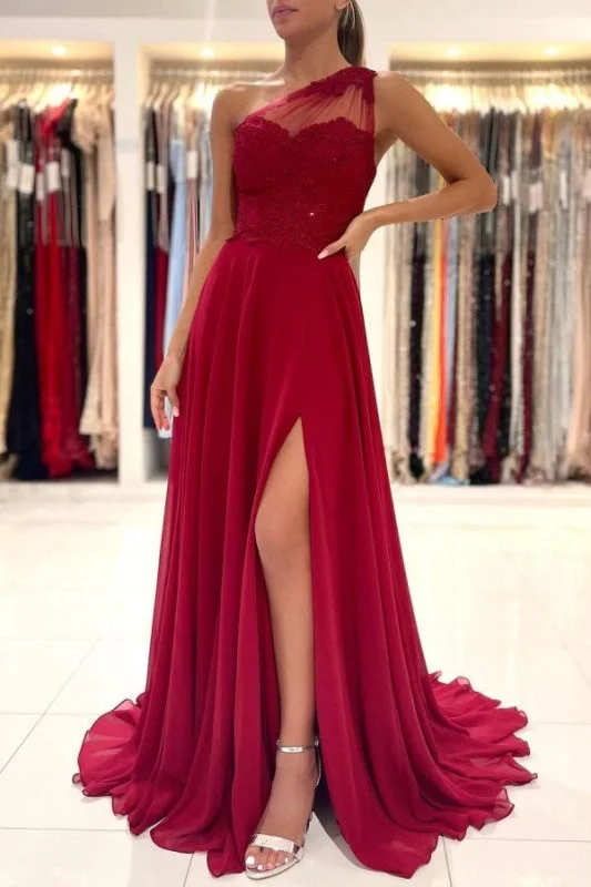 One Shoulder Red Prom Dress Sleeveless Evening Maxi Dress with Front Slit Comfortable Satin Maxi Dress