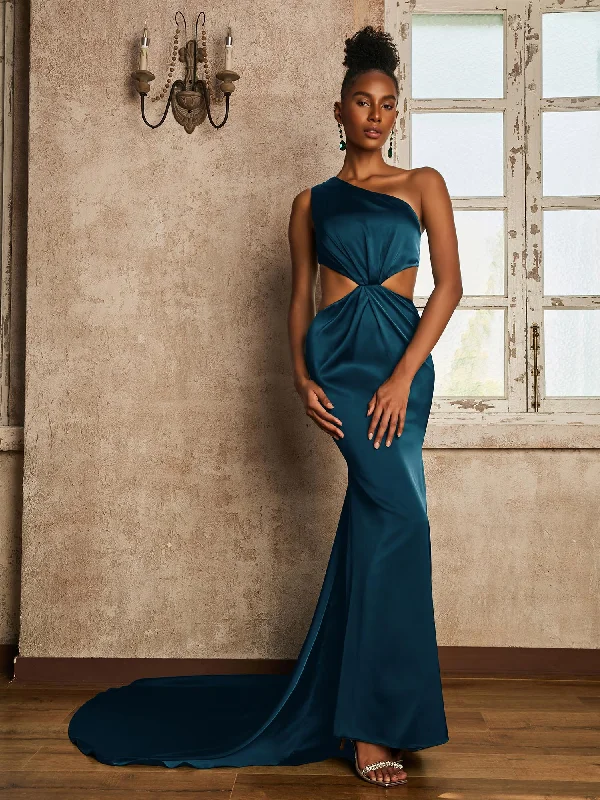 One Shoulder Ruched Waist Cut-Out Maxi Dress Ink Blue Classic Strapless Maxi Dress
