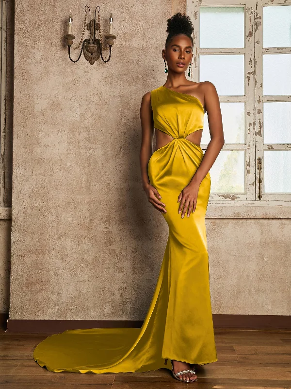One Shoulder Ruched Waist Cut-Out Maxi Dress Marigold Trendy Maxi Dress with Straps