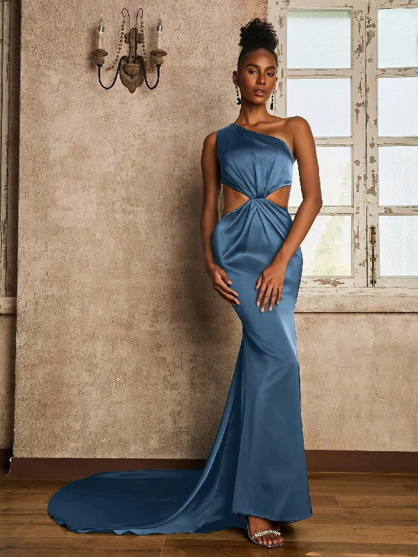 One Shoulder Ruched Waist Cut-Out Maxi Dress Slate Blue Fashionable Chiffon Maxi Dress