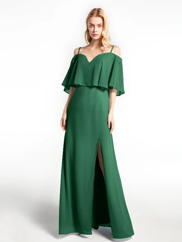 Ruffled Cold Shoulder Maxi Dress with Flounce Overlay Dark Green Comfortable Pleated Maxi Dress