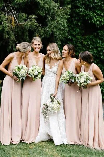 Simple V Neck Light Pink Bridesmaid Dresses Long Chiffon Maxi Dress DMO19 Comfortable Bohemian Maxi Dress