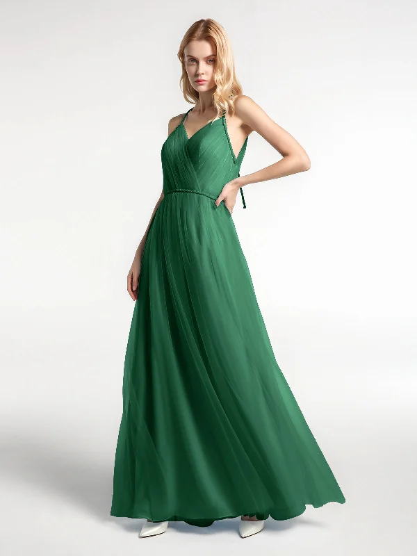 Twist Straps Tulle Maxi Dress with V Neckline Dark Green Elegant Boho Maxi Dress