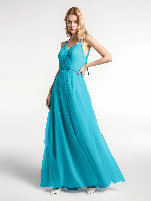 Twist Straps Tulle Maxi Dress with V Neckline Jade Elegant Maxi Dress with Pockets
