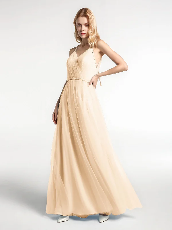 Twist Straps Tulle Maxi Dress with V Neckline Peach Cozy Wrap Maxi Dress