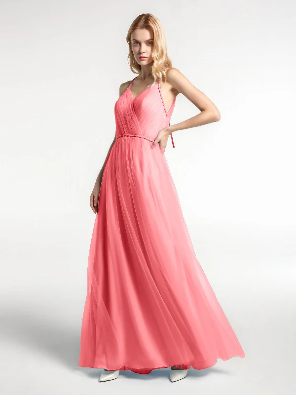 Twist Straps Tulle Maxi Dress with V Neckline Watermelon Elegant Boho Maxi Dress