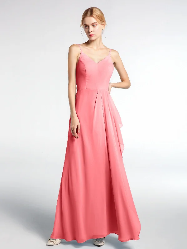 V-neck Chiffon Simple Maxi Dress with Spaghetti Straps-Watermelon Trendy Floral Print Maxi Dress