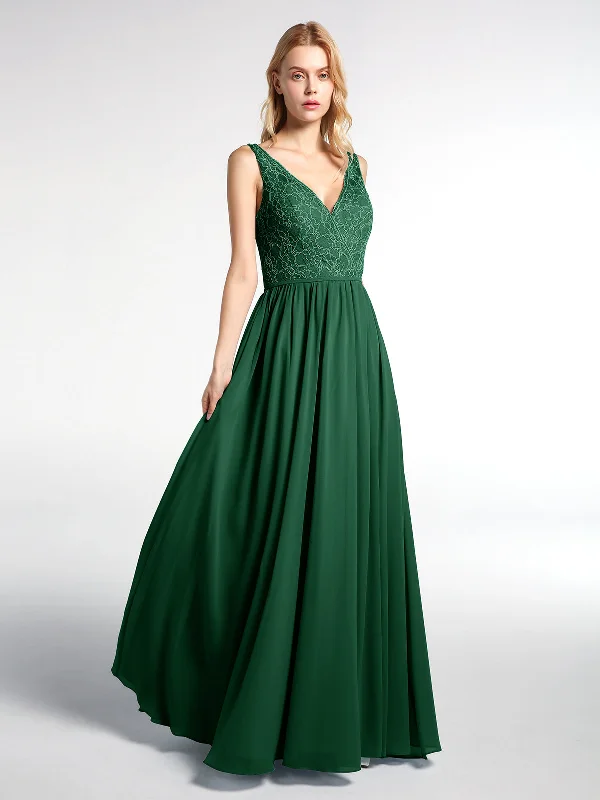 V-neck Lace Top Chiffon Skirt Maxi Dress-Dark Green Cozy Maxi Dress with Slit