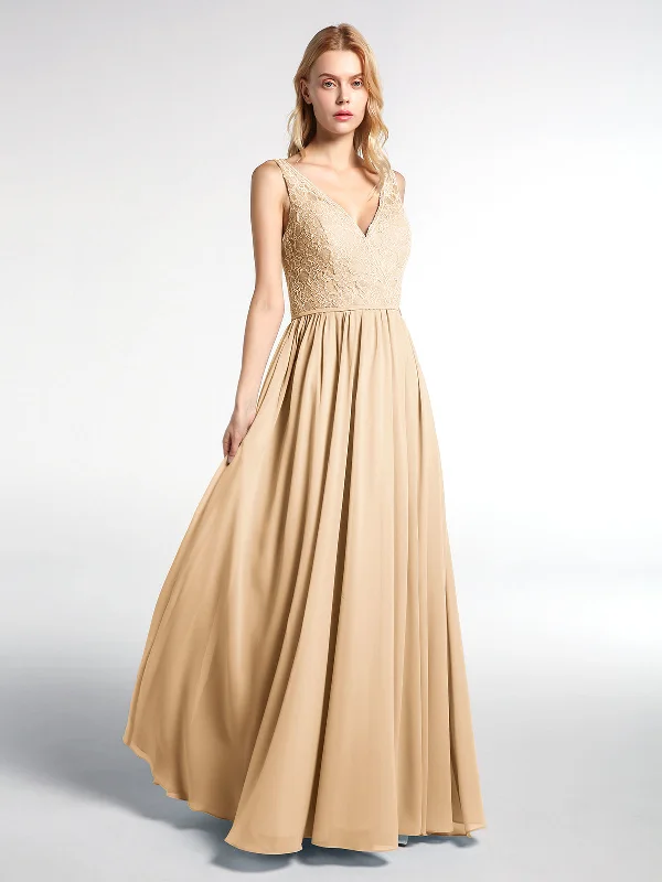 V-neck Lace Top Chiffon Skirt Maxi Dress-Peach Cozy Maxi Dress with Slit