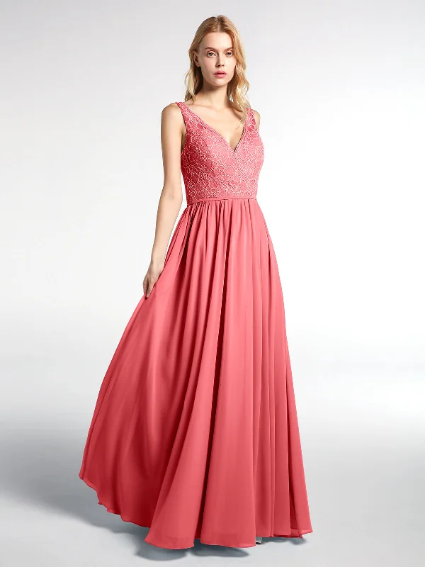 V-neck Lace Top Chiffon Skirt Maxi Dress-Watermelon Fashionable Button-Down Maxi Dress