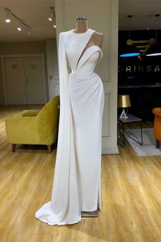 White One Shoulder Satin Mermaid Prom Dress High Neck Evening Maxi Dress Stylish Button-Up Maxi Dress